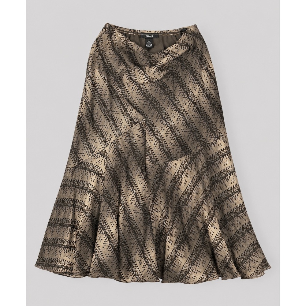 Vintage Y2K Alfani Silk Wool‎ Snake Print Bias Midi Skirt Brown Tan Women Size 8
